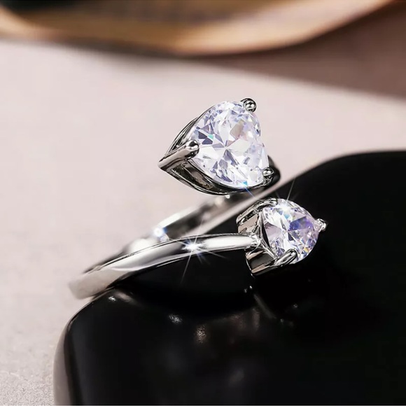 Heart Cut Cubic Zirconia Rings Women Adjustment Jewelry Cute 925 Silver Rings - Picture 4 of 5